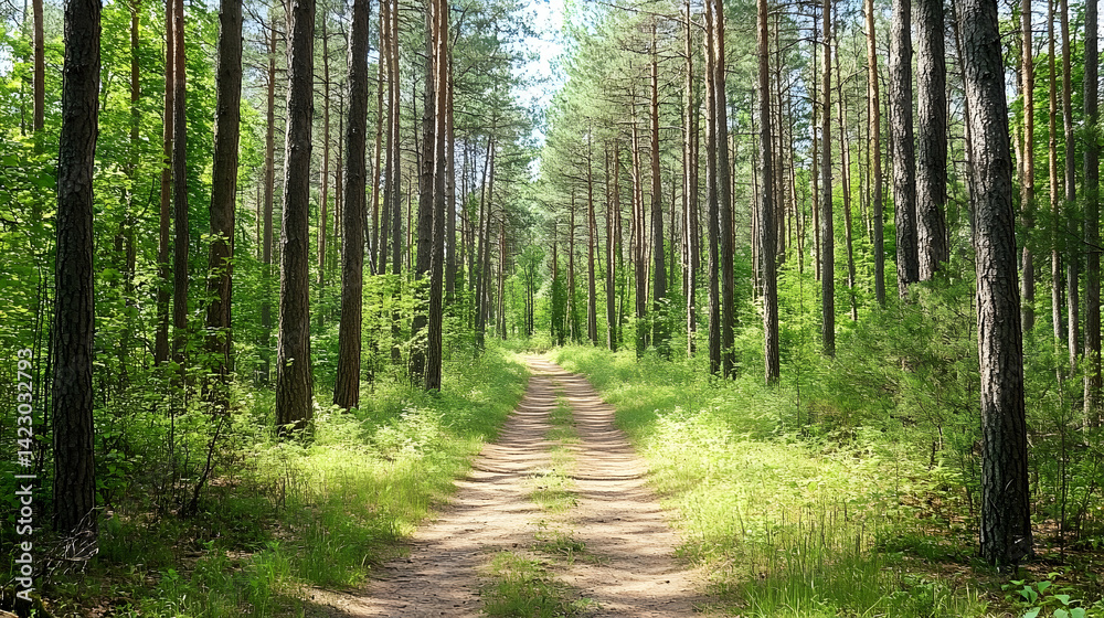 Fototapeta premium Idyllic forest pathway invites exploration amid serene natural surroundings