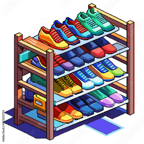 Pixel Art Shoe Rack Colorful Sneakers Display in Isometric Style  Illustration