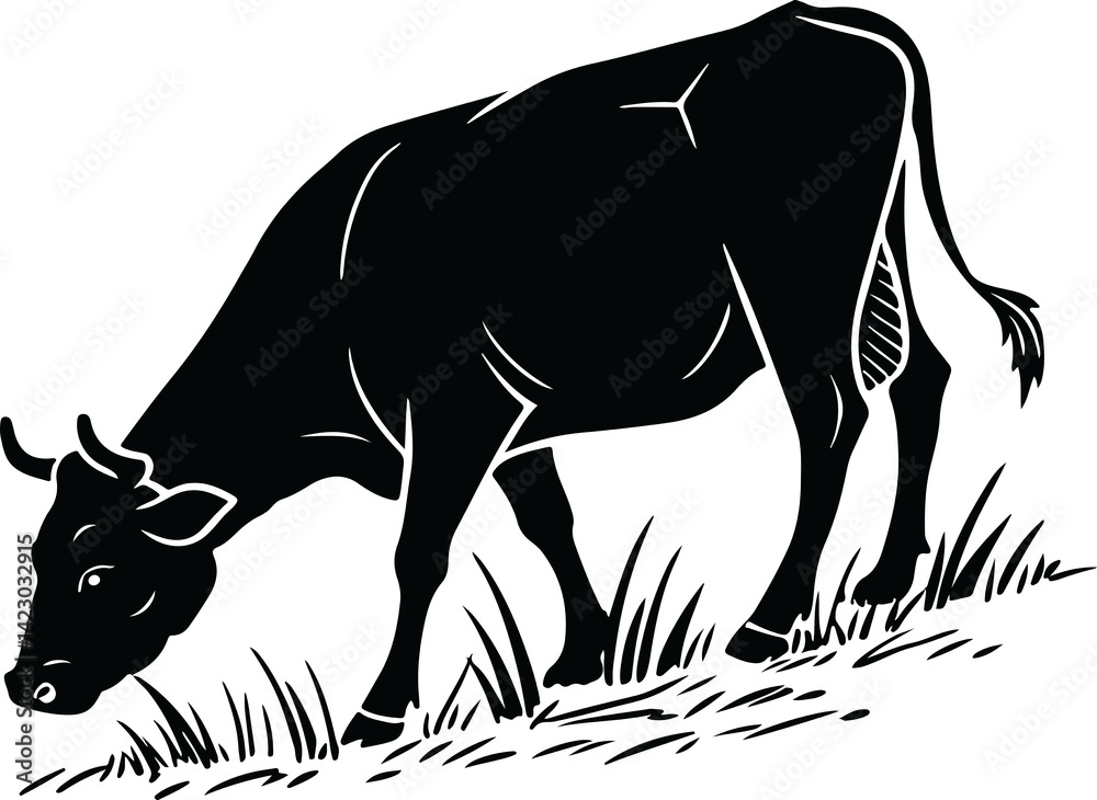 Fototapeta premium Cow Silhouette PNG – Black and White Side Profile Vector Illustration