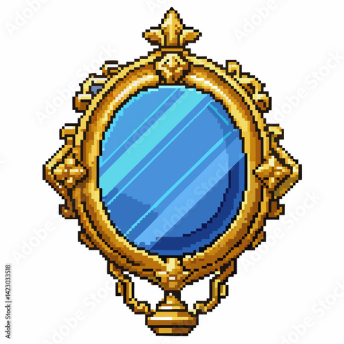 Vintage Pixel Art Mirror in Ornate Gold Frame with Reflection