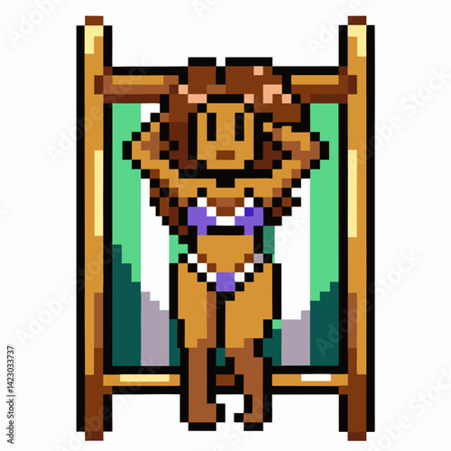 Retro Pixel Art Woman Relaxing on Beach Chair in Bikini