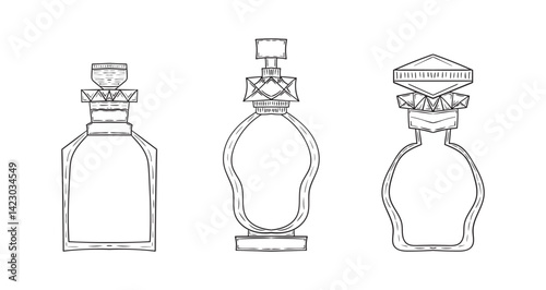 Set hand drawn bottles with magic potion in cartoon vintage style