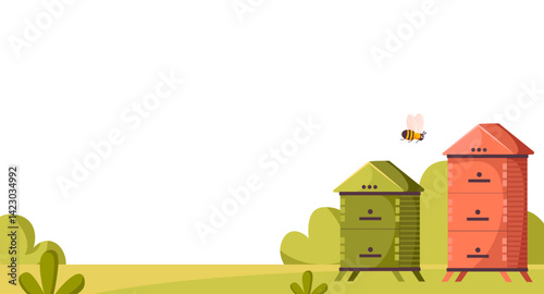 Apiary landscape. Beekeeping, honey farm concept. Wooden beehive boxes on summer apiary landscape, hives standing on green meadow with flying bees. Honey making equipment flat vector illustration.