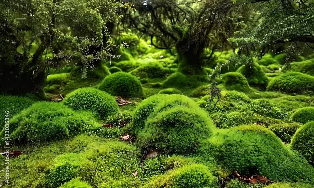 Moss-covered twisted trees line a foggy forest path, creating a calm, mysterious, and enchanted natural scene for fantasy lovers. Moss-covered twisted trees line a foggy forest path, creating a calm, mysterious, and enchanted natural scene for fantasy lovers.