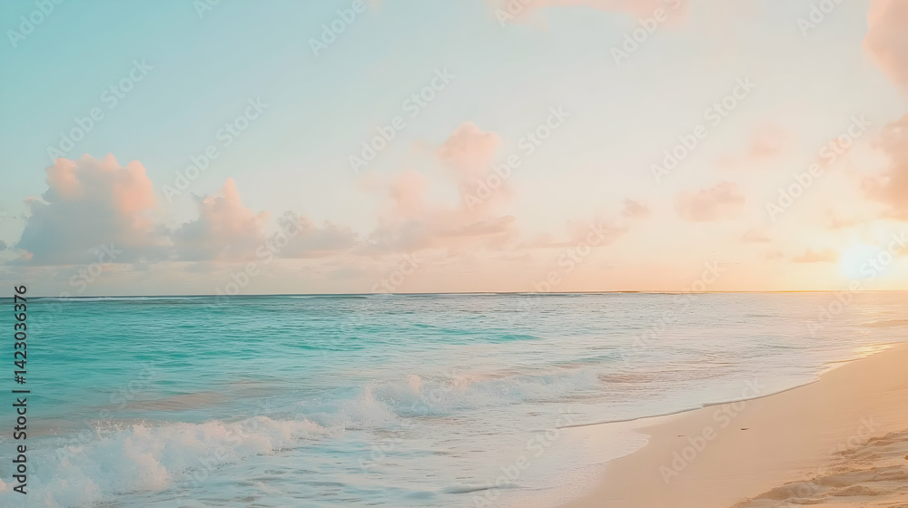 Serene coastal scene with soft pastel hues at sunrise or sunset time Serene coastal scene with soft pastel hues at sunrise or sunset time