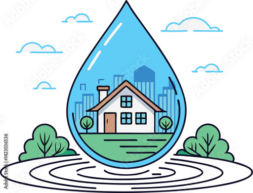 Water Droplet with House Symbol of Conservation and Sustainability