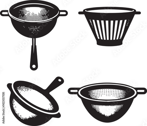 Black Silhouettes of Kitchen Strainers - Variety of Designs Collection