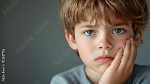 little boy presses hand to cheek, suffers from pain in tooth isolated on gray studio background. Teeth decay, dental problems, child emotions and facial expression