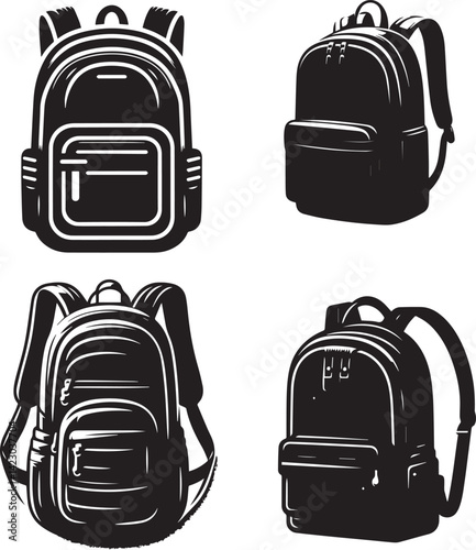 Black Silhouettes of Backpacks - Variety of Designs and Compartments