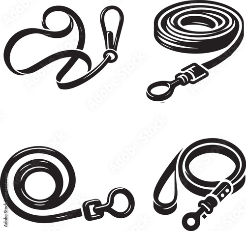 Black and White Dog Leash Illustrations - Pet Accessories Collection