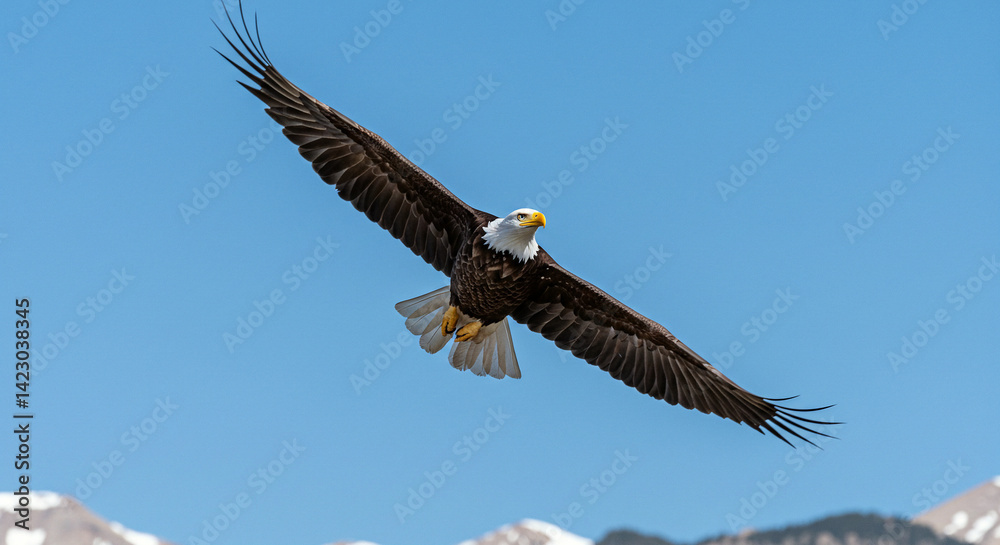 Naklejka premium Eagle Flying with Wings Spread Against Blue Sky and Snowy Mountain Peaks