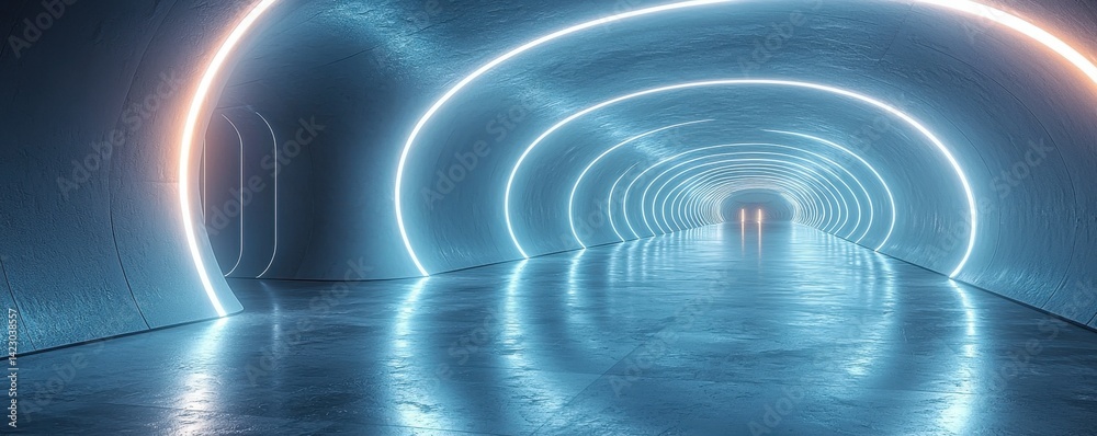 Fototapeta premium Futuristic corridor with glowing arches and reflective floor design