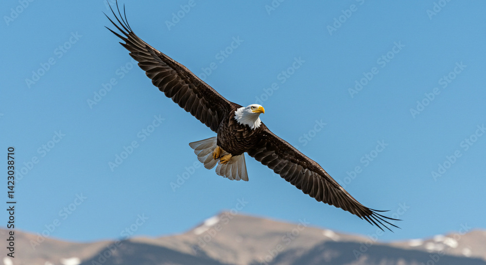 Naklejka premium Eagle soaring high with wings spread in flight over mountains
