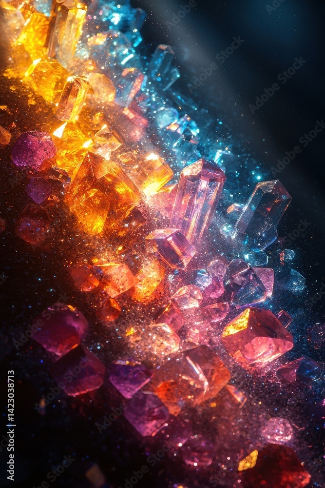 Fototapeta premium Colorful glowing crystal shards illuminated on a dark atmospheric background
