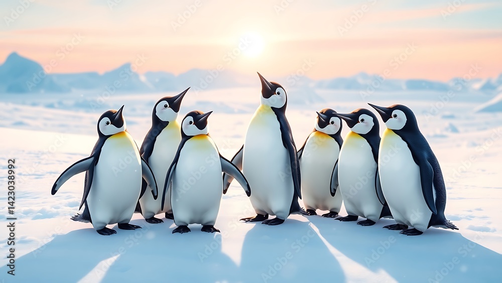 Obraz premium emperor penguin group antarctic landscape sunrise ice snow wildlife animal family togetherness polar nature