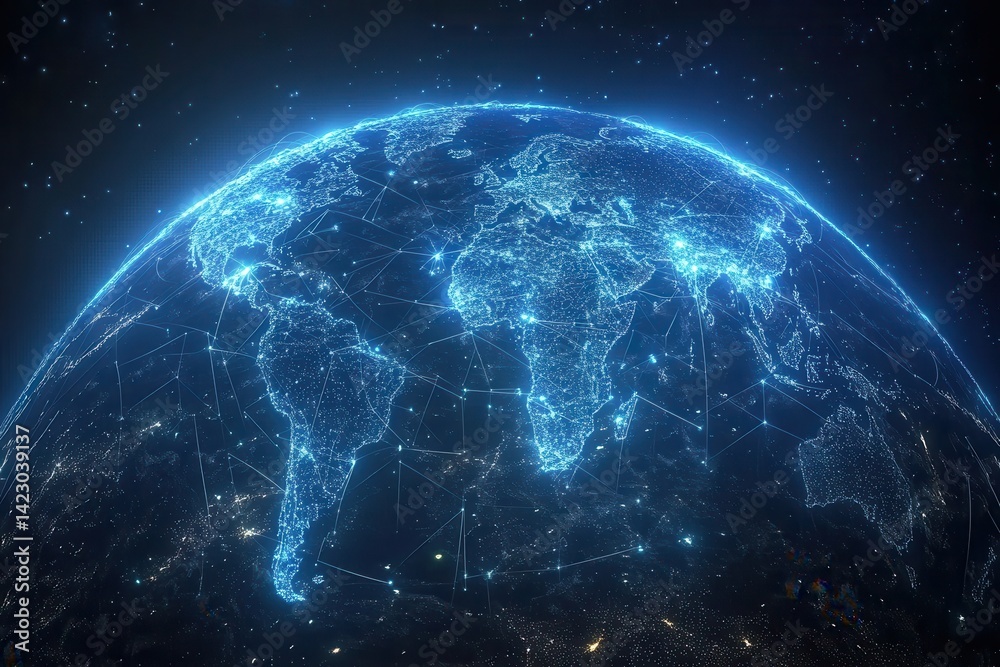 Obraz premium Blue digital world map with connected dots over a dark, starry space. Use this for global communication, technology or futuristic themes.