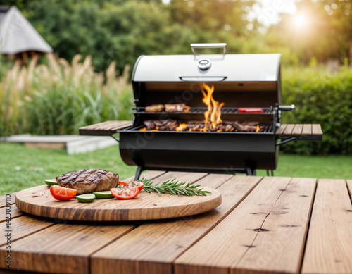 summer concept with wood table top backyard garden with grill BBQ, wooden table, blurred background, 