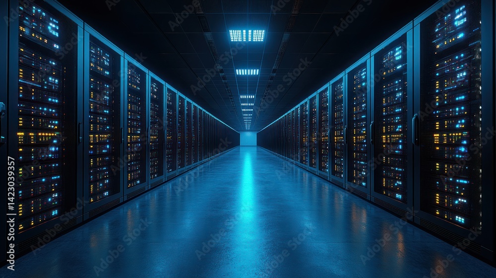 Fototapeta premium Cybersecurity Data Center: Illuminated Server Racks in a Modern Data Facility