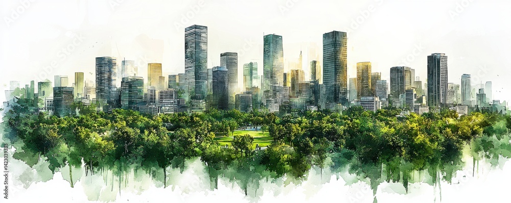 Obraz premium Modern skyscrapers surrounded by vibrant greenery in a sunny cityscape