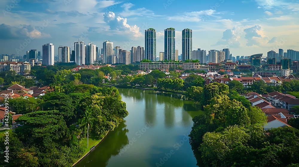 Obraz premium Singapore cityscape reflecting in waterway, contrasting modern architecture and nature