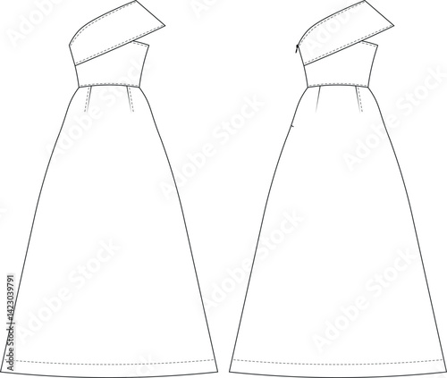 asymetric neck sleeveless one shoulder strappy strapped darted tailored ball gown a line long maxi bridal dress template technical drawing flat sketch cad mockup fashion woman design style model