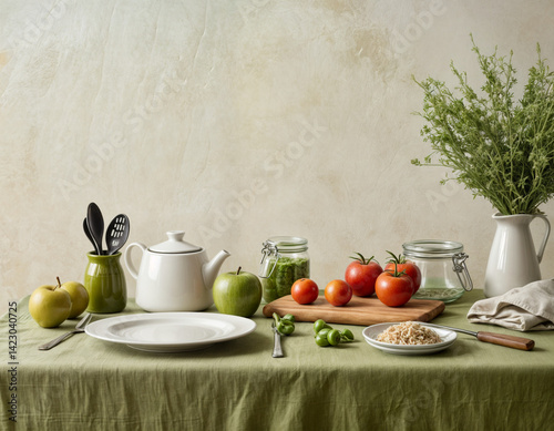 White wooden table covered with green tablecloth and cooking utensils. View from top. Empty tablecloth for product montage. Free space for your text