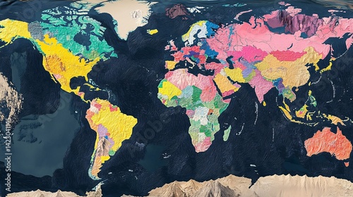 Colorful world map showing diverse regions, geographical features, and global landscape; educational resource