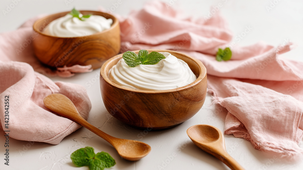 Creamy yoghurt in wooden bowls with mint leaves on pink cloth Creamy yoghurt in wooden bowls with mint leaves on pink cloth