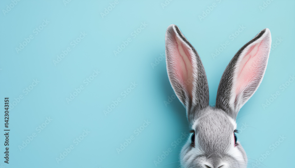 Obraz premium Cute gray rabbit ears on a blue background, space for text