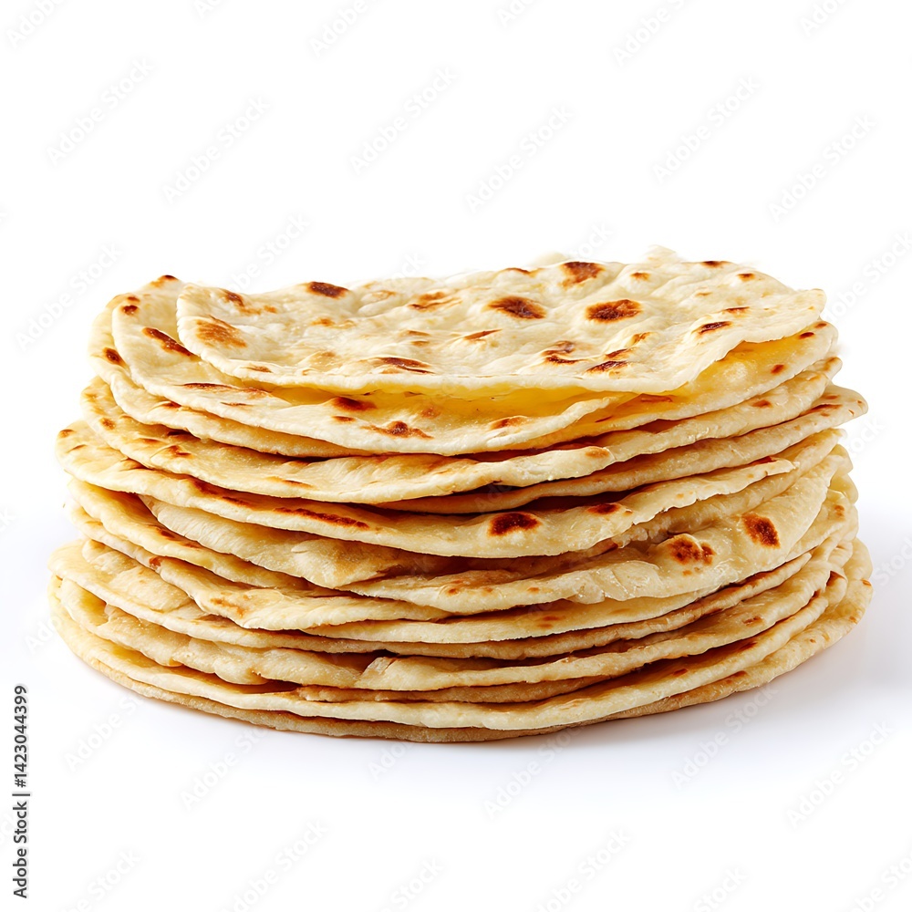 A stack of freshly made roti chapati flatbread, isolated on a clean white background A stack of freshly made roti chapati flatbread, isolated on a clean white background