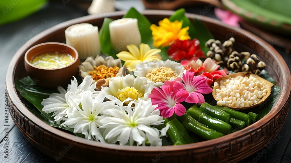 A vibrant array of colorful flowers, herbs, and grains arranged on a rustic wooden platter for a spa treatment or traditional ceremony.