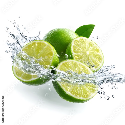 A vibrant image of fresh lime slices with a dynamic water splash, isolated on a clean white background
