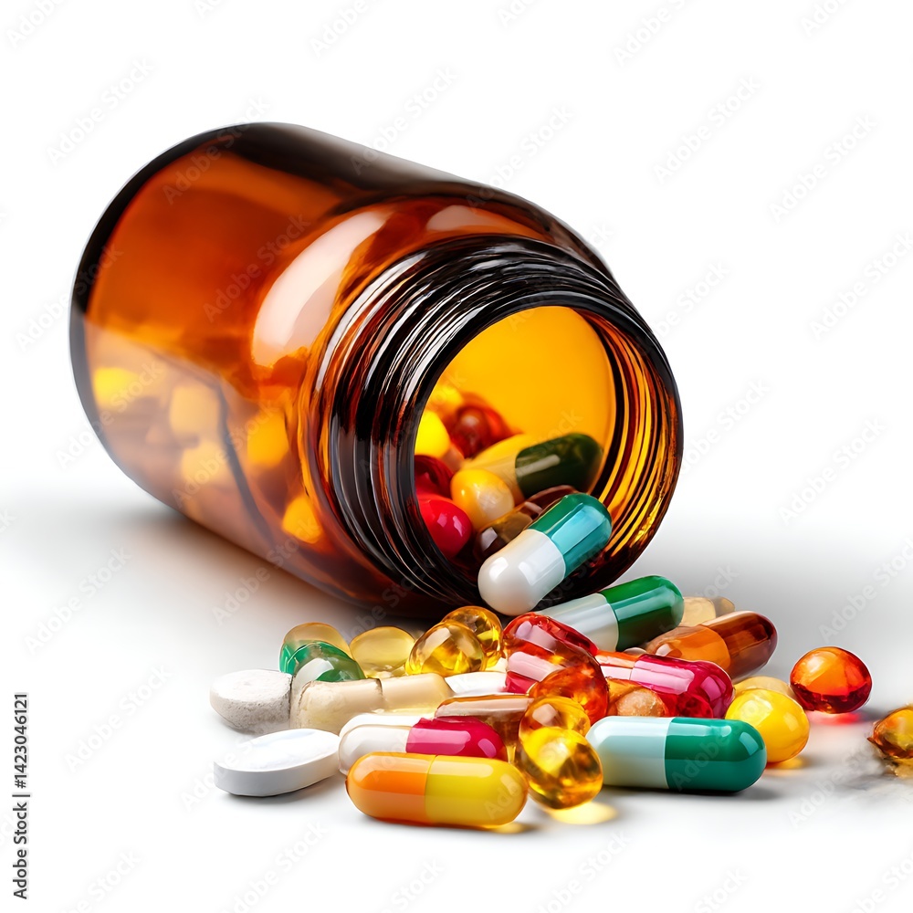An amber medicine bottle lying on its side with various pills and capsules spilling out onto a white background