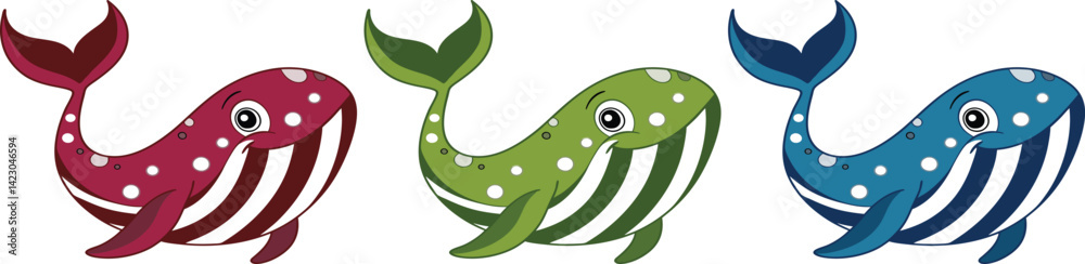 Cute Cartoon Whale Trio – Adorable Sea Animal Clipart in red, Teal, and green Colors for Kids’ Designs, Ocean-Themed Decor, Stickers, Educational Materials, Crafts, and Baby Shower Graphics