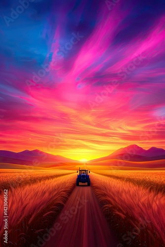A tractor travels along a dirt road through golden fields under a vibrant sunset sky filled with pink and orange hues. Mountains outline the scene in the background, creating a picturesque moment