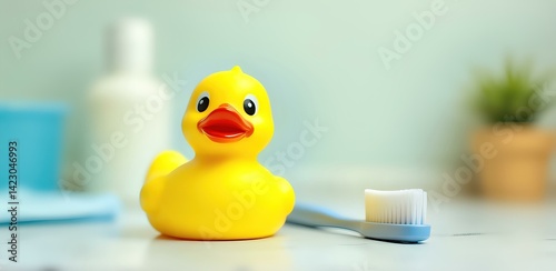 Yellow rubber ducky with toothbrush on table nearby
