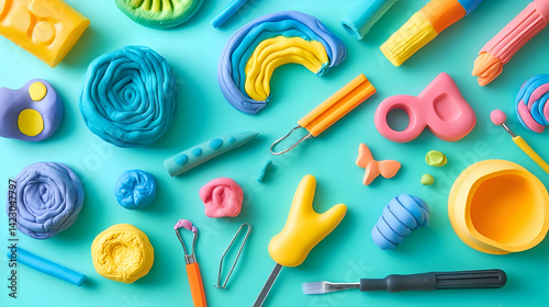 Vibrant clay assortment alongside modeling tools laid against a soft blue backdrop