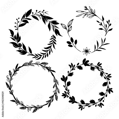 Nature's Grace: A delicate and artistic depiction of four floral wreaths, each a unique embodiment of botanical beauty, with intertwining leaves and blossoms, perfect for conveying elegance.