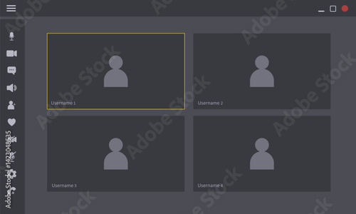 Videocall Interface. Online Video chat mockup. Computer or Laptop template. Virtual meeting platform display. Vector Illustration in flat style.