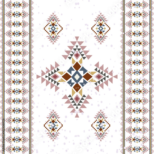Red, pink, and blue geometric ethnic boho seamless pattern. Traditional ornament. Tribal pattern. Folk motif. Design for wallpaper, elaborate borders, backdrops, tiles, blankets, and textiles.