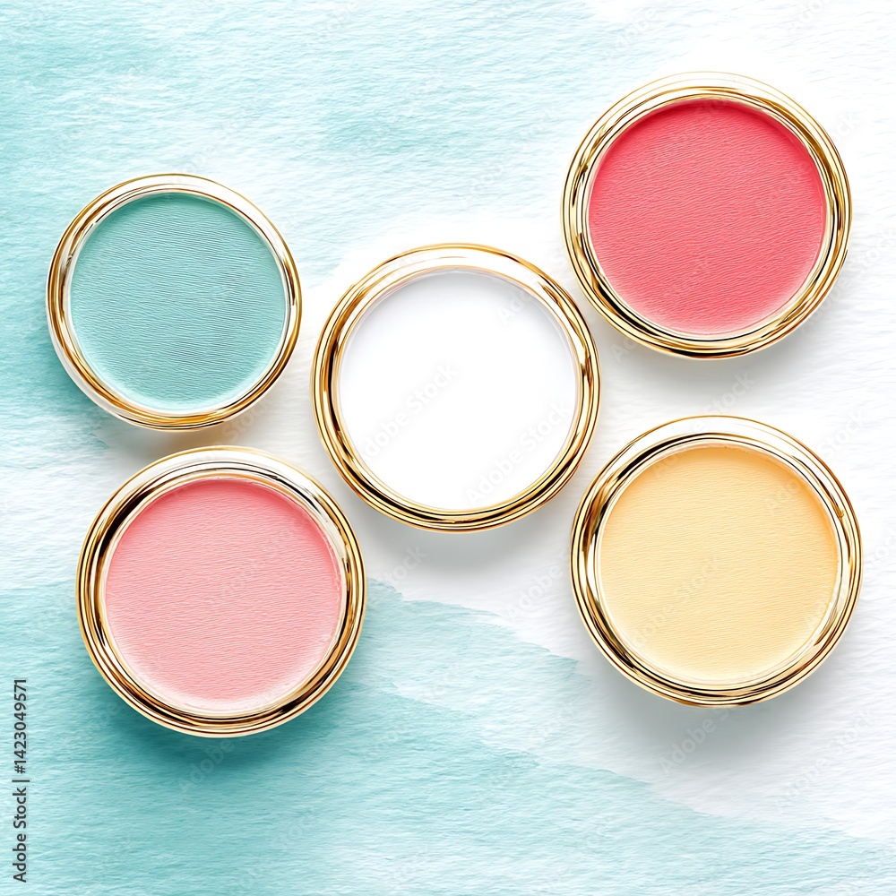 Flat lay of five round cosmetic containers with pastel colors on a blue background. A stylish arrangement perfect for beauty and cosmetics marketing. Flat lay of five round cosmetic containers with pastel colors on a blue background. A stylish arrangement perfect for beauty and cosmetics marketing.