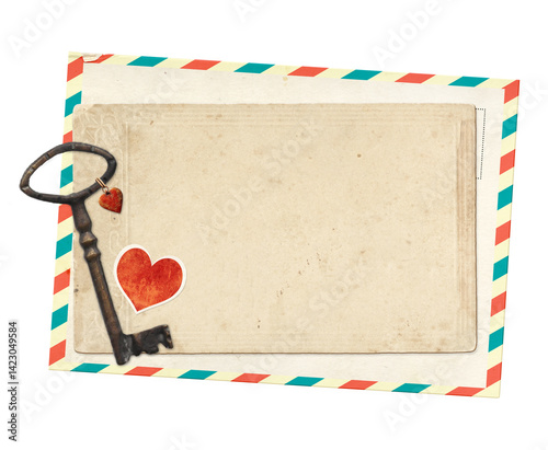 Cute Valentine background with key with a heart pendant, retro postcard on wood board. Backdrop with vintage key, old card on wooden plank. Nostalgic scrapbooking mock up template. Isolated on white