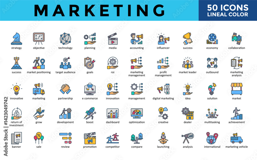Marketing icons set with strategy, objective, technology, planning, media, accounting, influencer, success, economy, collaboration icon. Simple lineal color vector 
