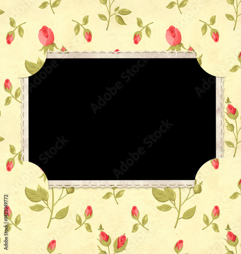 Vintage album page with retro photo frame and old paper texture with rose flower in shabby chic style. Nostalgic scrapbooking style. Mock up template. Copy space for text