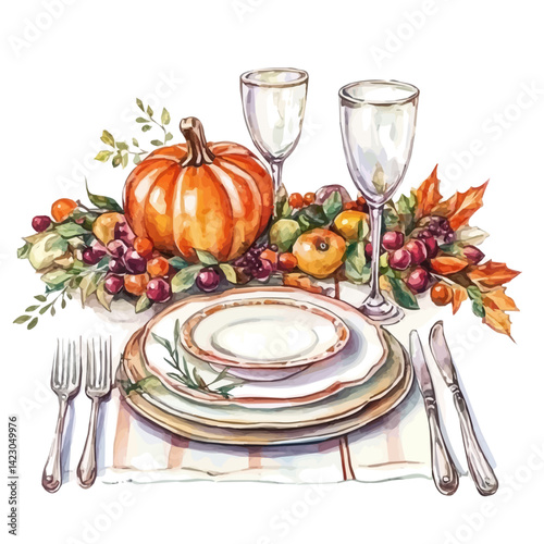 watercolor of Thanksgiving Table Setting, vector, isolated on a white background.