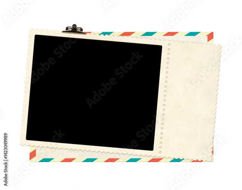 Retro photoframe and vintage postcard. Old card and blank photo. Isolated on white. Nostalgic scrapbooking mockup template - is perfect way to express creativity and evoke a sense of warm memories