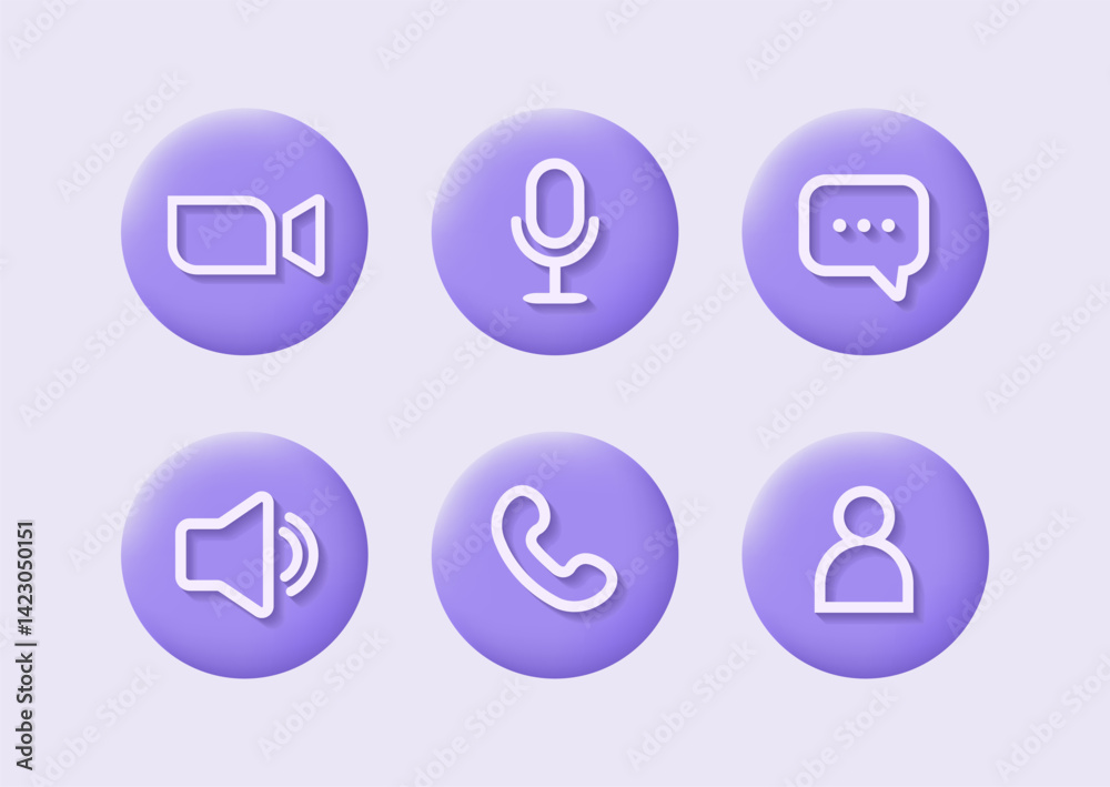 Icon Videocall. Set of 3d video chat and user interface symbols. Phone, sound, microphone, camera, call buttons isolated on purple background. Vector illustration in flat style. Icon Videocall. Set of 3d video chat and user interface symbols. Phone, sound, microphone, camera, call buttons isolated on purple background. Vector illustration in flat style.