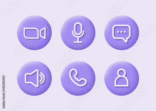 Icon Videocall. Set of 3d video chat and user interface symbols. Phone, sound, microphone, camera, call buttons isolated on purple background. Vector illustration in flat style.