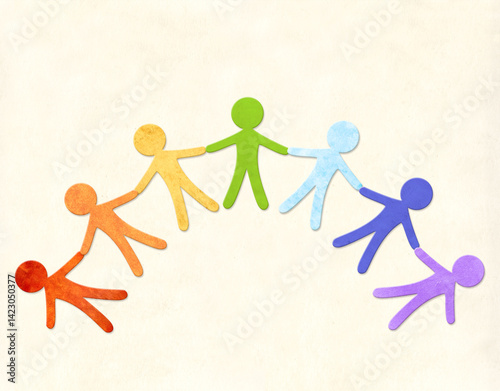 Rainbow color collection. Horizontal background with colorful cutout paper people. Paper human figures holding hands together. Inclusion, tolerance, diversity, acceptance, unity and teamwork concept