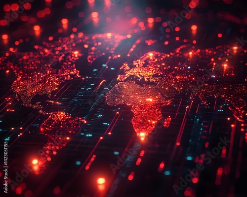 Futuristic digital map of the world with glowing interconnected nodes